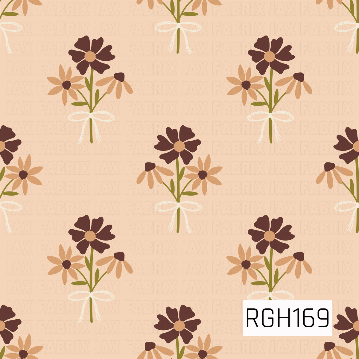 A charming vintage-inspired floral pattern featuring sweet bouquets of daisies and wildflowers in rich chocolate brown, warm caramel, and golden tan. Each bouquet includes delicate olive green stems and leaves, gathered together with a dainty ivory ribbon bow. The flowers are arranged in a repeating, staggered layout against a soft peachy beige background, creating a warm, cozy cottage garden feel with a touch of rustic charm.