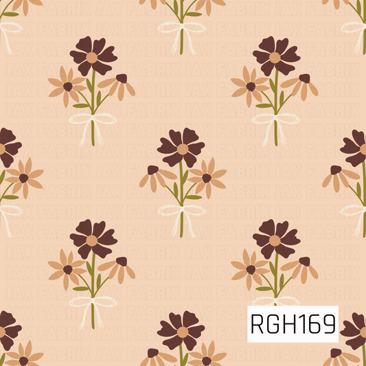 A charming vintage-inspired floral pattern featuring sweet bouquets of daisies and wildflowers in rich chocolate brown, warm caramel, and golden tan. Each bouquet includes delicate olive green stems and leaves, gathered together with a dainty ivory ribbon bow. The flowers are arranged in a repeating, staggered layout against a soft peachy beige background, creating a warm, cozy cottage garden feel with a touch of rustic charm.