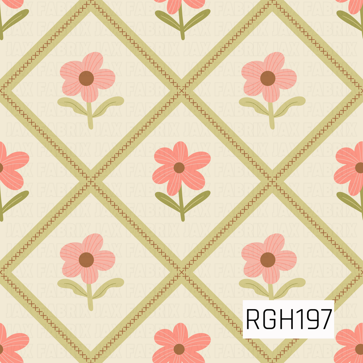 A charming vintage-inspired floral pattern featuring soft coral pink flowers with warm brown centers and delicate petal detailing. Each flower sits within a diamond-shaped lattice of muted olive green, accented with rustic brown cross-stitch detailing. Set against a warm cream background, the design has a sweet, nostalgic cottagecore feel.