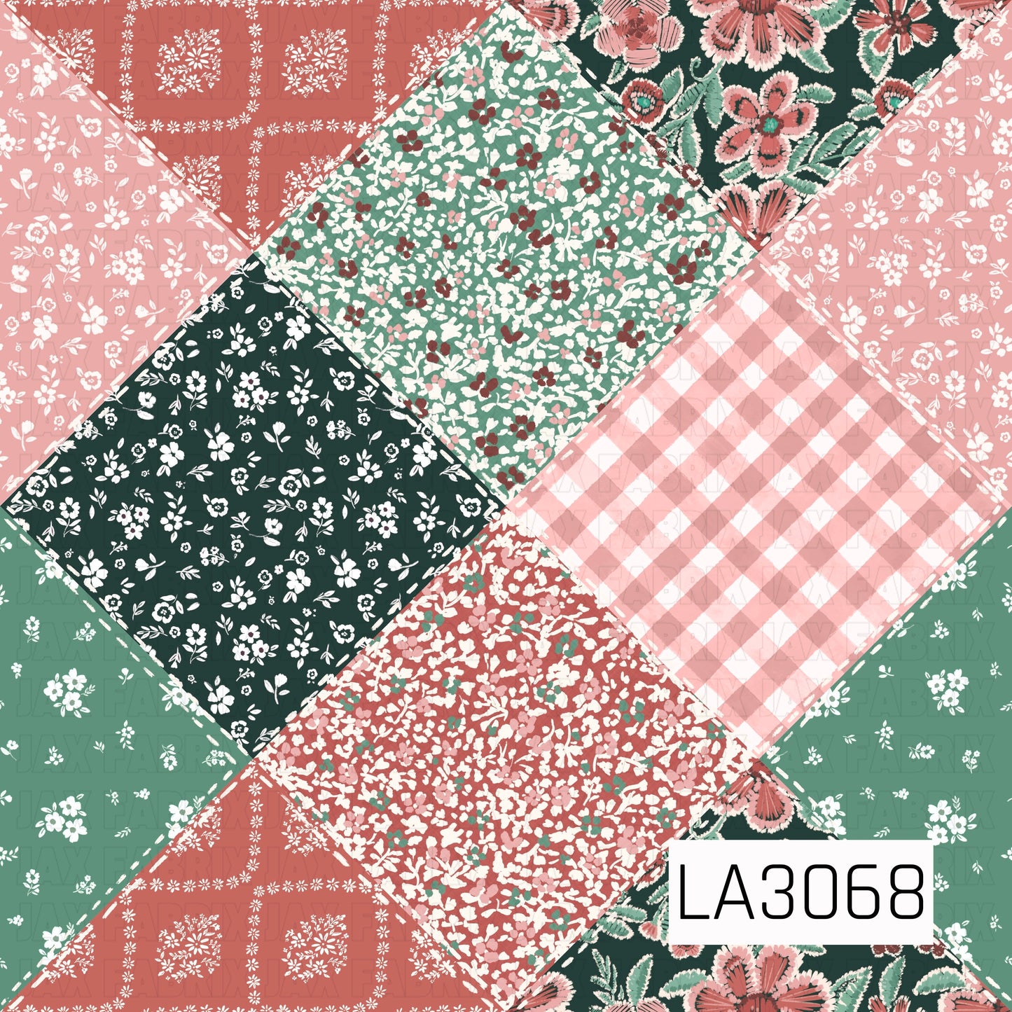 A charming quilt-inspired patchwork design featuring oversized diamond panels filled with coordinating florals, ditsy botanical prints, gingham, and bandana-style motifs. The palette blends deep forest green, mint, coral, blush pink, burgundy, and creamy white, with faux stitched seams outlining the patches for a cozy handmade look.
