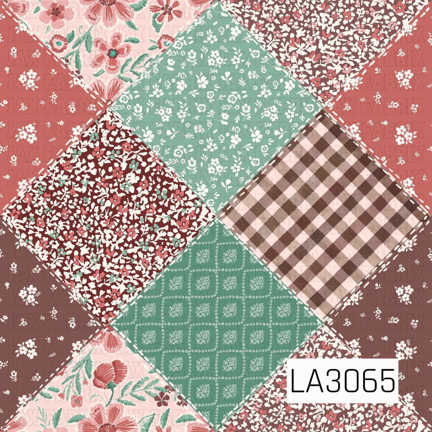 A vintage-inspired stitched patchwork design featuring diamond-shaped panels filled with ditsy florals, painterly gingham, delicate bandana motifs, and bold retro blooms. Hand-drawn dashed stitching accents the patchwork seams, while soft pink, coral, mint green, chocolate brown, and ivory create a warm, nostalgic handmade quilt aesthetic.
