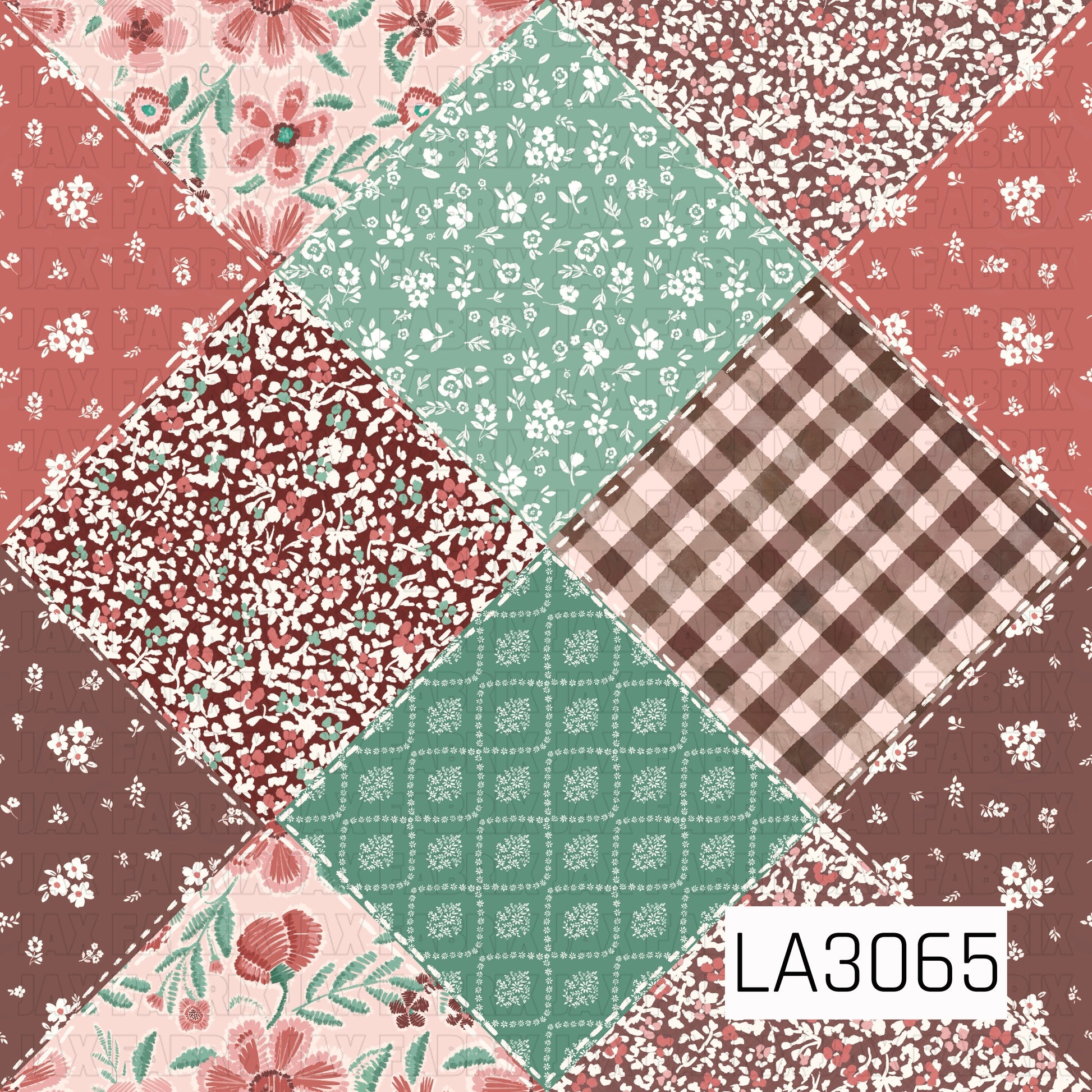A vintage-inspired stitched patchwork design featuring diamond-shaped panels filled with ditsy florals, painterly gingham, delicate bandana motifs, and bold retro blooms. Hand-drawn dashed stitching accents the patchwork seams, while soft pink, coral, mint green, chocolate brown, and ivory create a warm, nostalgic handmade quilt aesthetic.
