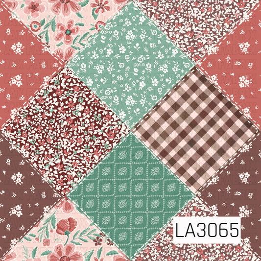 A vintage-inspired stitched patchwork design featuring diamond-shaped panels filled with ditsy florals, painterly gingham, delicate bandana motifs, and bold retro blooms. Hand-drawn dashed stitching accents the patchwork seams, while soft pink, coral, mint green, chocolate brown, and ivory create a warm, nostalgic handmade quilt aesthetic.
