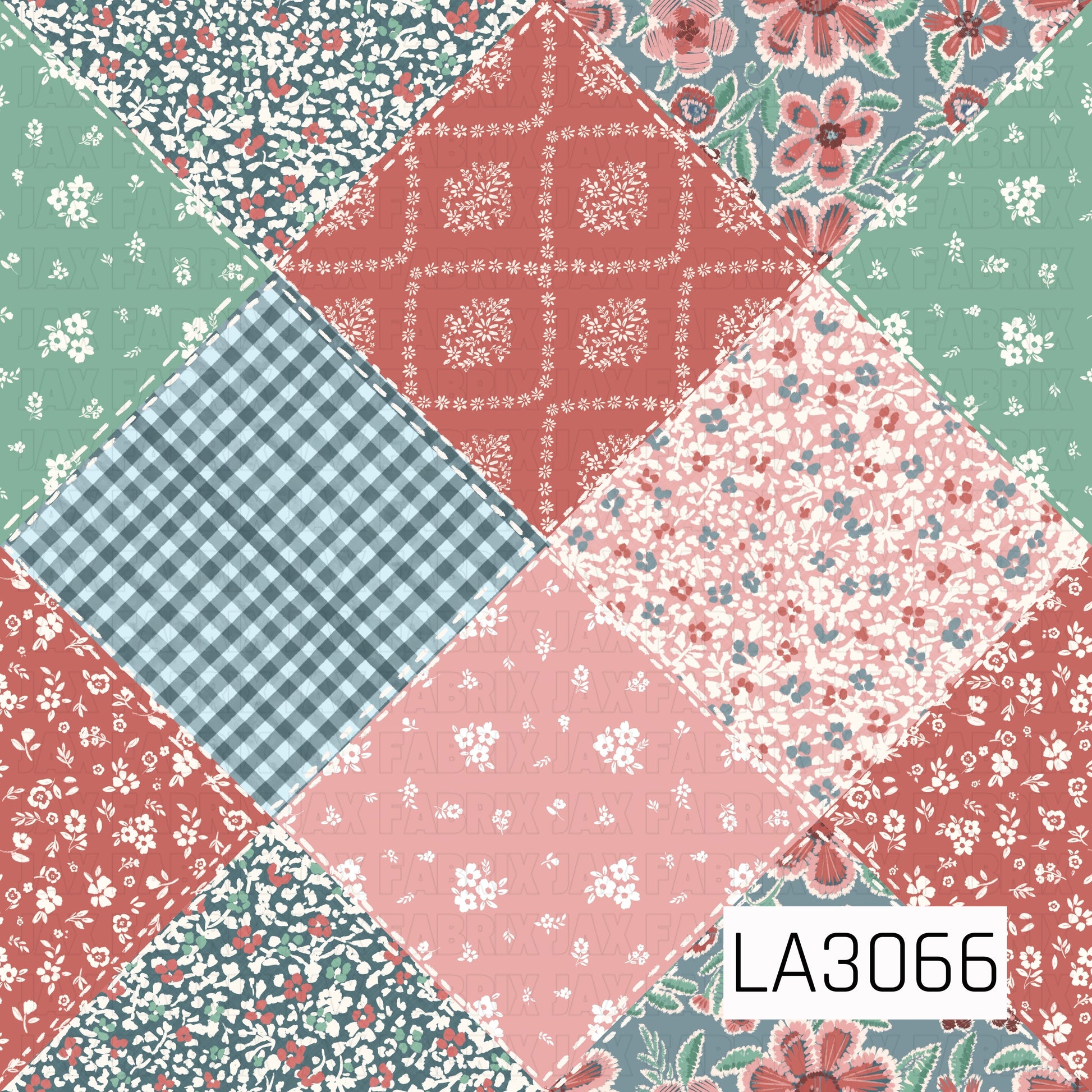 A cheerful vintage-inspired stitched patchwork design featuring diamond panels filled with dusty blue gingham, tiny ditsy florals, bandana-style motifs, and retro botanical prints. Hand-drawn dashed stitching defines each patch, while dusty blue, sage green, coral, blush pink, and ivory create a sweet, nostalgic handmade quilt aesthetic.
