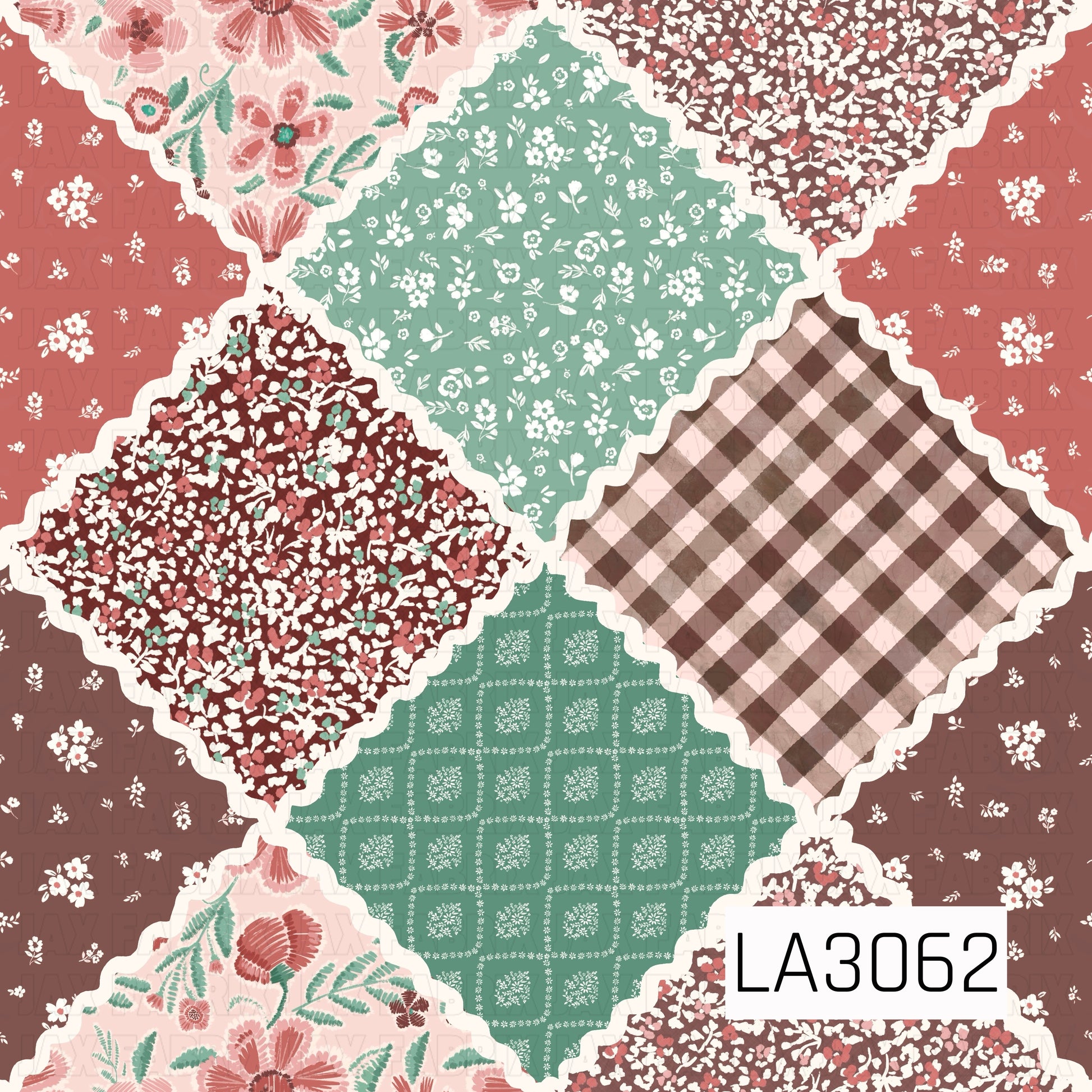 A cozy vintage patchwork design featuring an eclectic mix of ditsy florals, painterly gingham, bandana-inspired motifs, and bold retro flowers. Cream rickrack-style borders frame each patch, while warm brown, coral, blush pink, soft sage, and ivory create a charming handcrafted quilt aesthetic.
