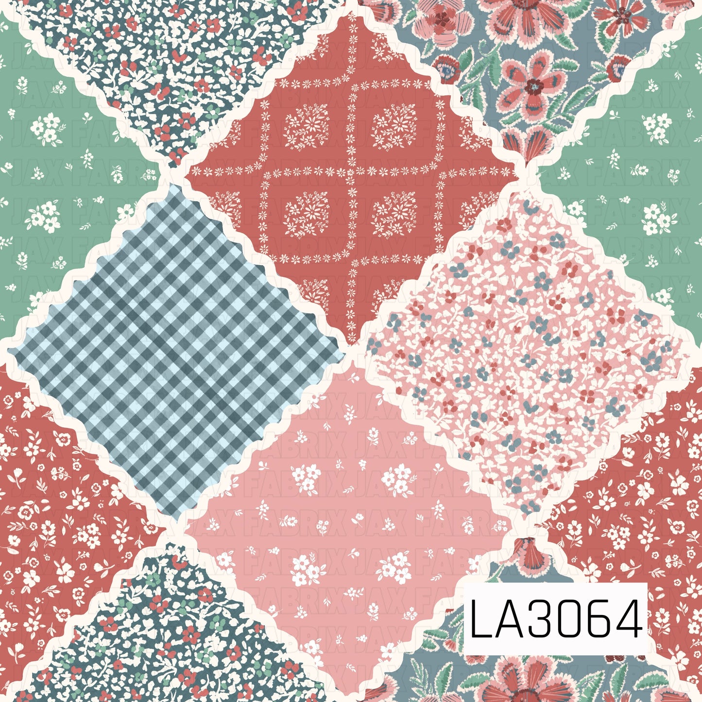 A cheerful vintage patchwork design featuring a mix of ditsy florals, dusty blue gingham, bandana-inspired motifs, and bold retro blooms. Cream rickrack-style borders frame each patch, while dusty blue, soft sage, coral, blush pink, and ivory create a sweet handcrafted quilt aesthetic.
