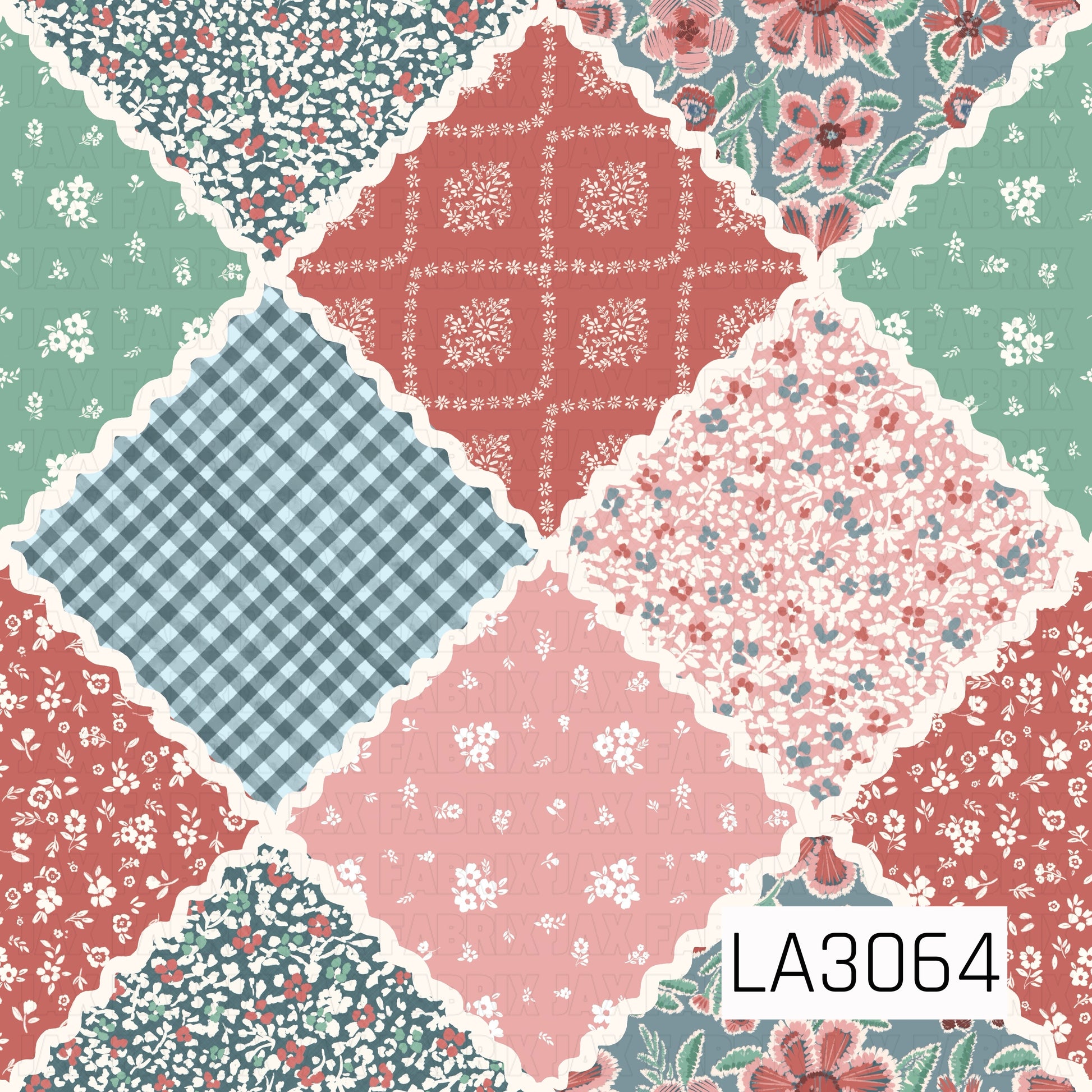 A cheerful vintage patchwork design featuring a mix of ditsy florals, dusty blue gingham, bandana-inspired motifs, and bold retro blooms. Cream rickrack-style borders frame each patch, while dusty blue, soft sage, coral, blush pink, and ivory create a sweet handcrafted quilt aesthetic.
