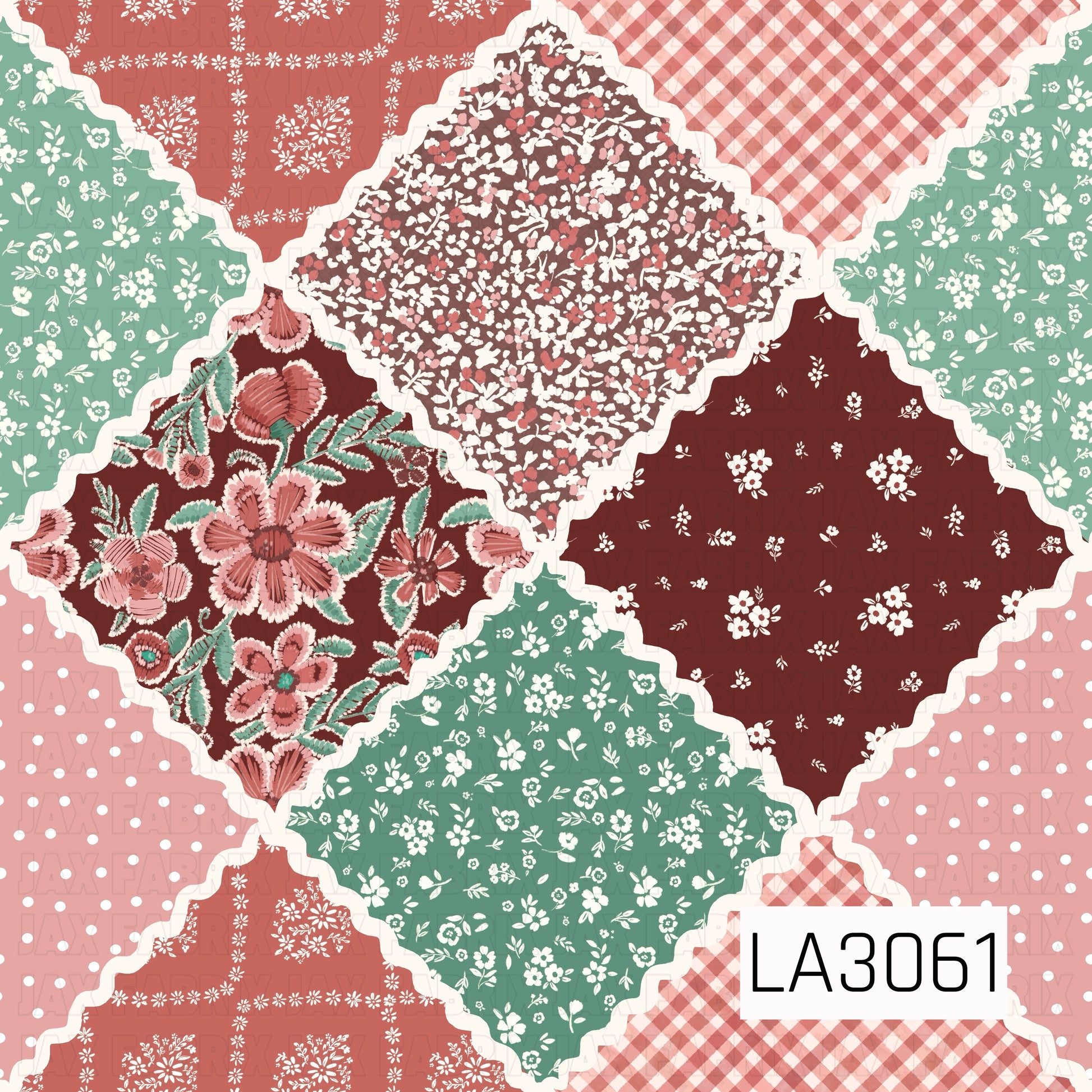 A cozy vintage-inspired patchwork design featuring an eclectic mix of ditsy florals, gingham, polka dots, bandana-style motifs, and bold embroidered-look flowers. Scalloped cream rickrack borders separate each patch, while warm raisin, dusty coral, blush pink, and soft sage green create a charming handmade quilt aesthetic.
