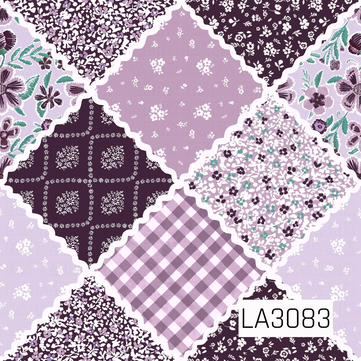 A charming patchwork-inspired pattern featuring a mix of coordinating florals, gingham checks, tiny blossoms, and bold botanical prints in plum, lavender, white, and teal. Each fabric-like section is framed with a wavy white ric-rac border, creating a cozy handmade quilt aesthetic with a playful vintage cottage feel.
