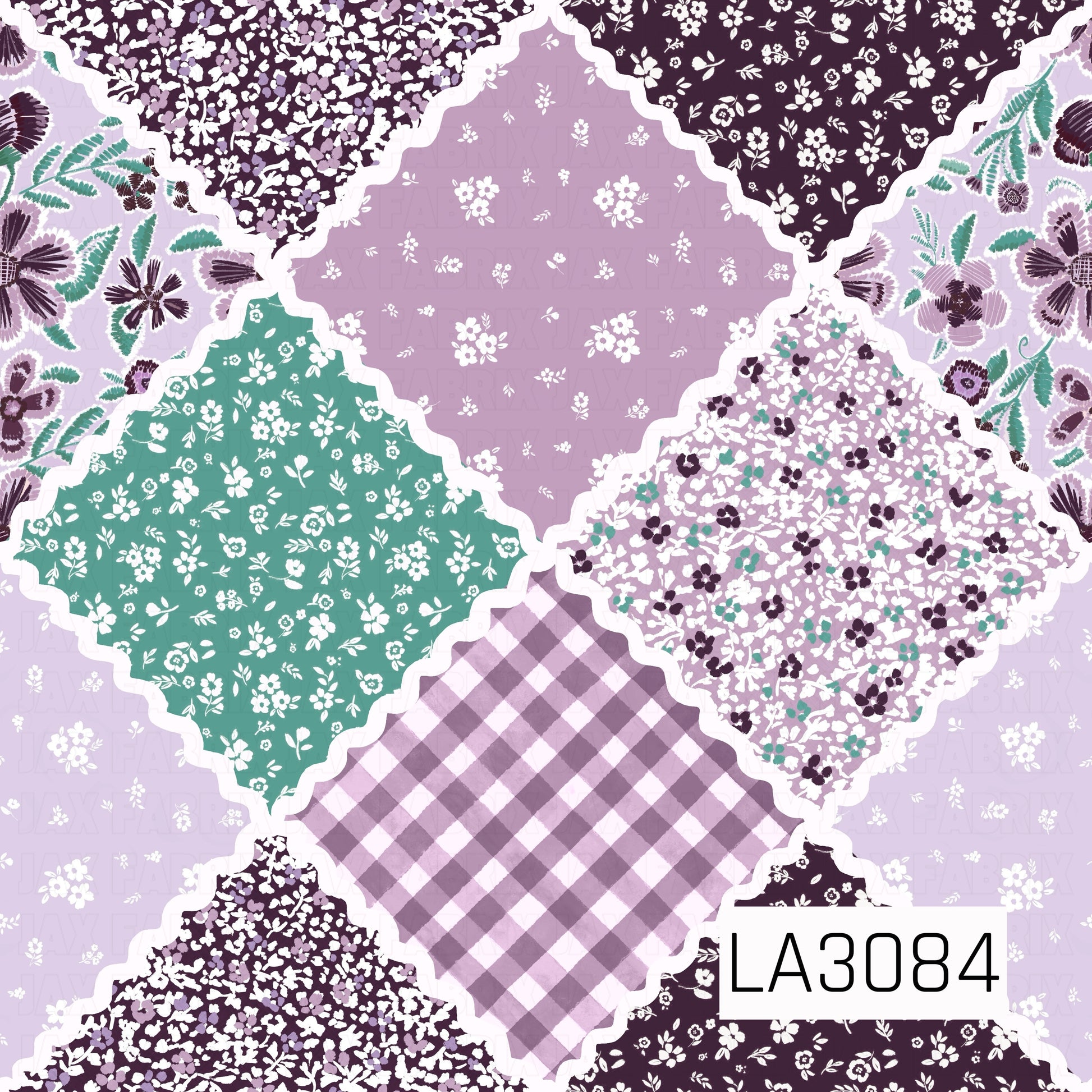 A charming patchwork-style pattern combining coordinating florals, lavender gingham, tiny botanical prints, and bold embroidered-inspired blooms in plum, lavender, teal, and white. Wavy white ric-rac borders separate each fabric-like section, while the pops of seafoam teal add a fresh contrast to the soft purple palette for a playful, handcrafted quilt aesthetic.
