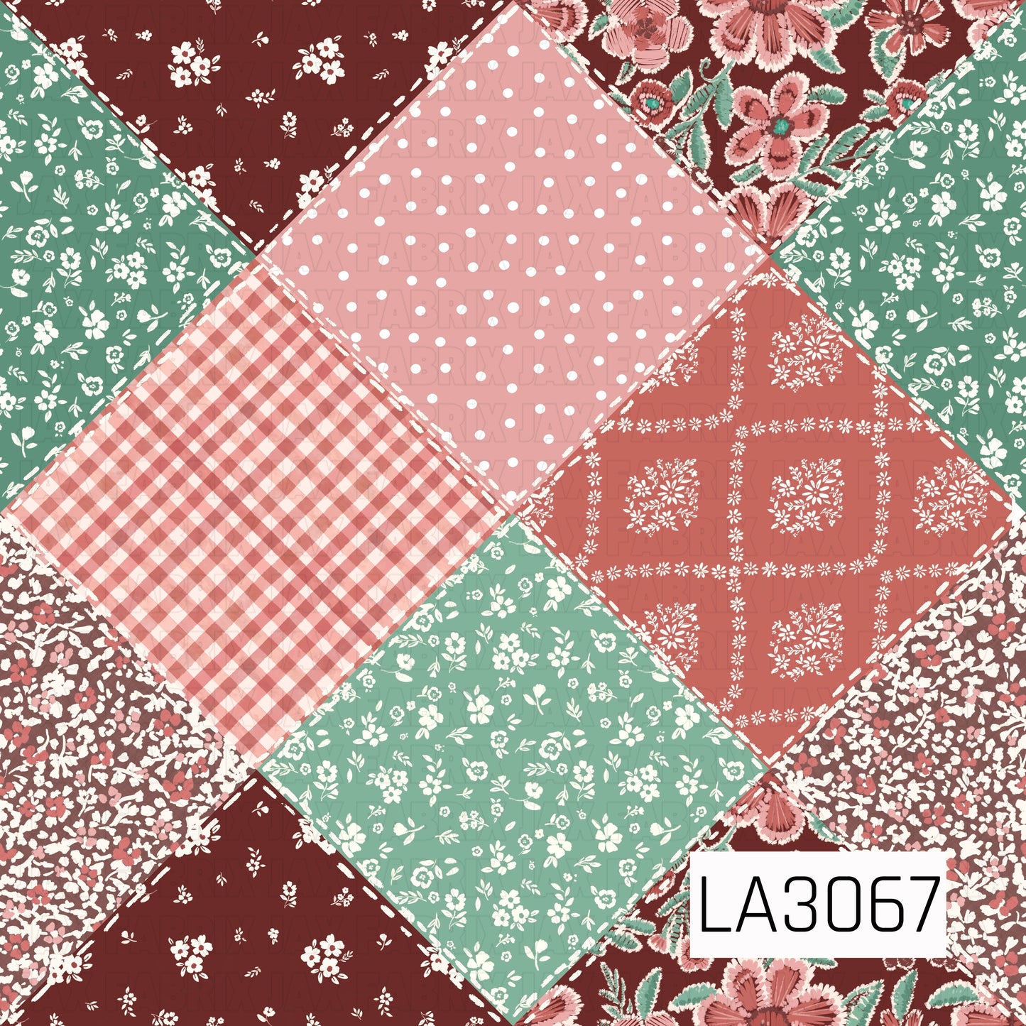 A cozy quilt-inspired patchwork design featuring large diamond panels filled with coordinating vintage florals, tiny ditsy flowers, gingham checks, playful polka dots, and bandana-style motifs. A warm palette of deep raisin burgundy, coral, blush pink, soft mint green, and creamy white gives the pattern a charming cottage feel, while dashed faux-stitching around each patch adds a handcrafted, sewn-quilt effect.
