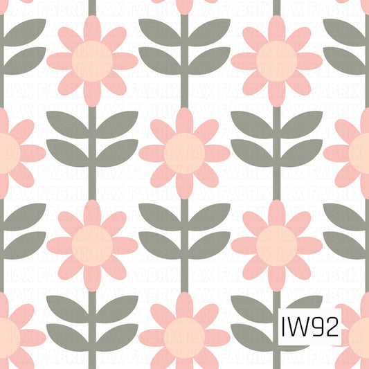 A sweet, retro-inspired floral pattern featuring large blush pink daisies with soft peach centers, arranged in a neat, repeating layout. Each flower sits atop a muted sage gray-green stem with pairs of simple oval leaves. The crisp white background and clean geometric shapes give this design a charming, vintage feel with a soft, feminine touch.