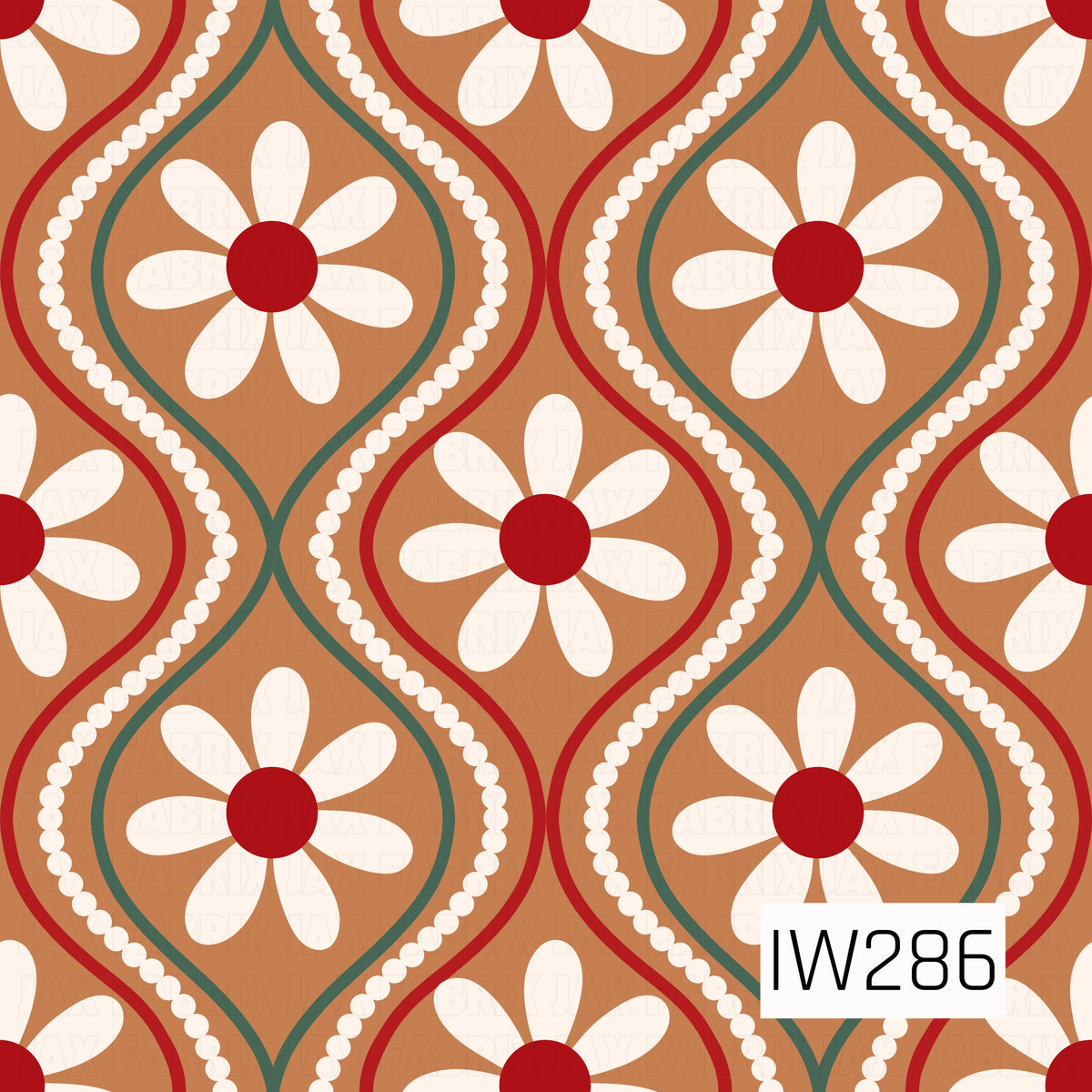 A charming retro-inspired floral pattern featuring oversized white daisies with deep red centers, arranged inside flowing geometric diamond shapes. Rich gingerbread brown provides a warm background, while muted teal green and cranberry red outlines, accented with delicate white dotted borders, create a playful vintage holiday feel.