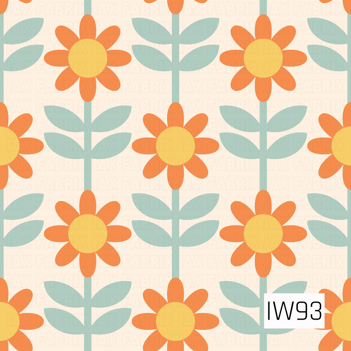 A cheerful, retro-inspired floral pattern featuring bold orange daisies with golden yellow centers, arranged in a neat, repeating layout. Each flower has a soft sage green stem with pairs of simple oval leaves. The warm cream background complements the vibrant orange and muted greenery, creating a playful, vintage-inspired design with a fresh, sunny feel.