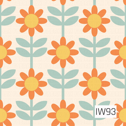 A cheerful, retro-inspired floral pattern featuring bold orange daisies with golden yellow centers, arranged in a neat, repeating layout. Each flower has a soft sage green stem with pairs of simple oval leaves. The warm cream background complements the vibrant orange and muted greenery, creating a playful, vintage-inspired design with a fresh, sunny feel.