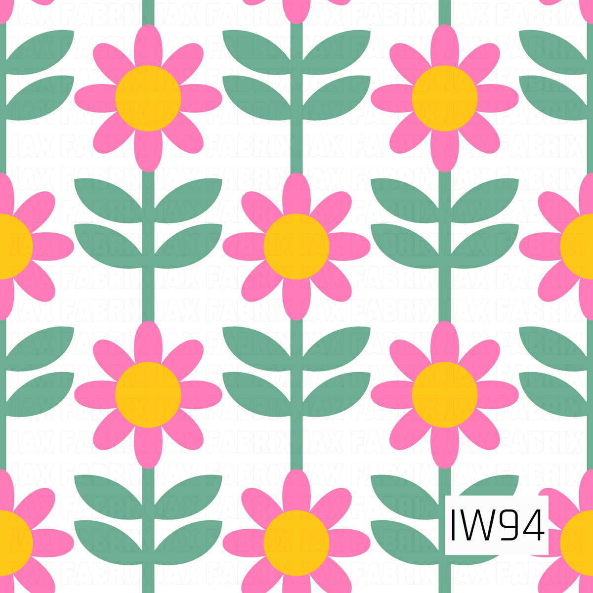 A bright, retro-inspired floral pattern featuring vibrant pink daisies with golden yellow centers, arranged in a neat, repeating layout. Each flower has a muted green stem with pairs of simple oval leaves. The crisp white background makes the bold pink blooms and soft greenery stand out, creating a cheerful, playful design with a fun vintage feel.