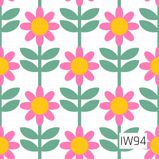 A bright, retro-inspired floral pattern featuring vibrant pink daisies with golden yellow centers, arranged in a neat, repeating layout. Each flower has a muted green stem with pairs of simple oval leaves. The crisp white background makes the bold pink blooms and soft greenery stand out, creating a cheerful, playful design with a fun vintage feel.