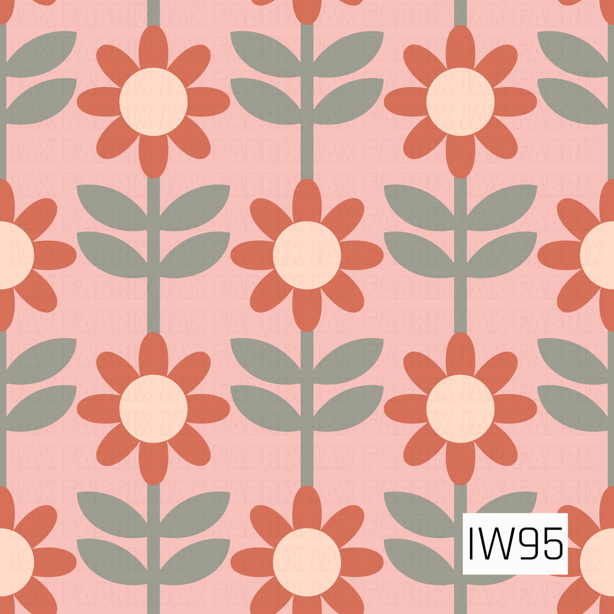 A charming, retro-inspired floral pattern featuring warm terracotta and rust-colored daisies with soft cream centers, arranged in a neat, repeating layout. Each flower has a muted olive-gray stem with pairs of simple oval leaves. The dusty blush pink background complements the earthy tones, creating a cozy, vintage-inspired design with a soft, feminine feel.
