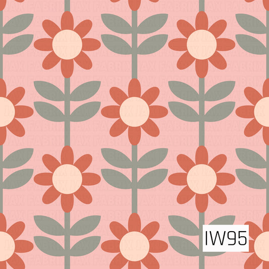 A charming, retro-inspired floral pattern featuring warm terracotta and rust-colored daisies with soft cream centers, arranged in a neat, repeating layout. Each flower has a muted olive-gray stem with pairs of simple oval leaves. The dusty blush pink background complements the earthy tones, creating a cozy, vintage-inspired design with a soft, feminine feel.