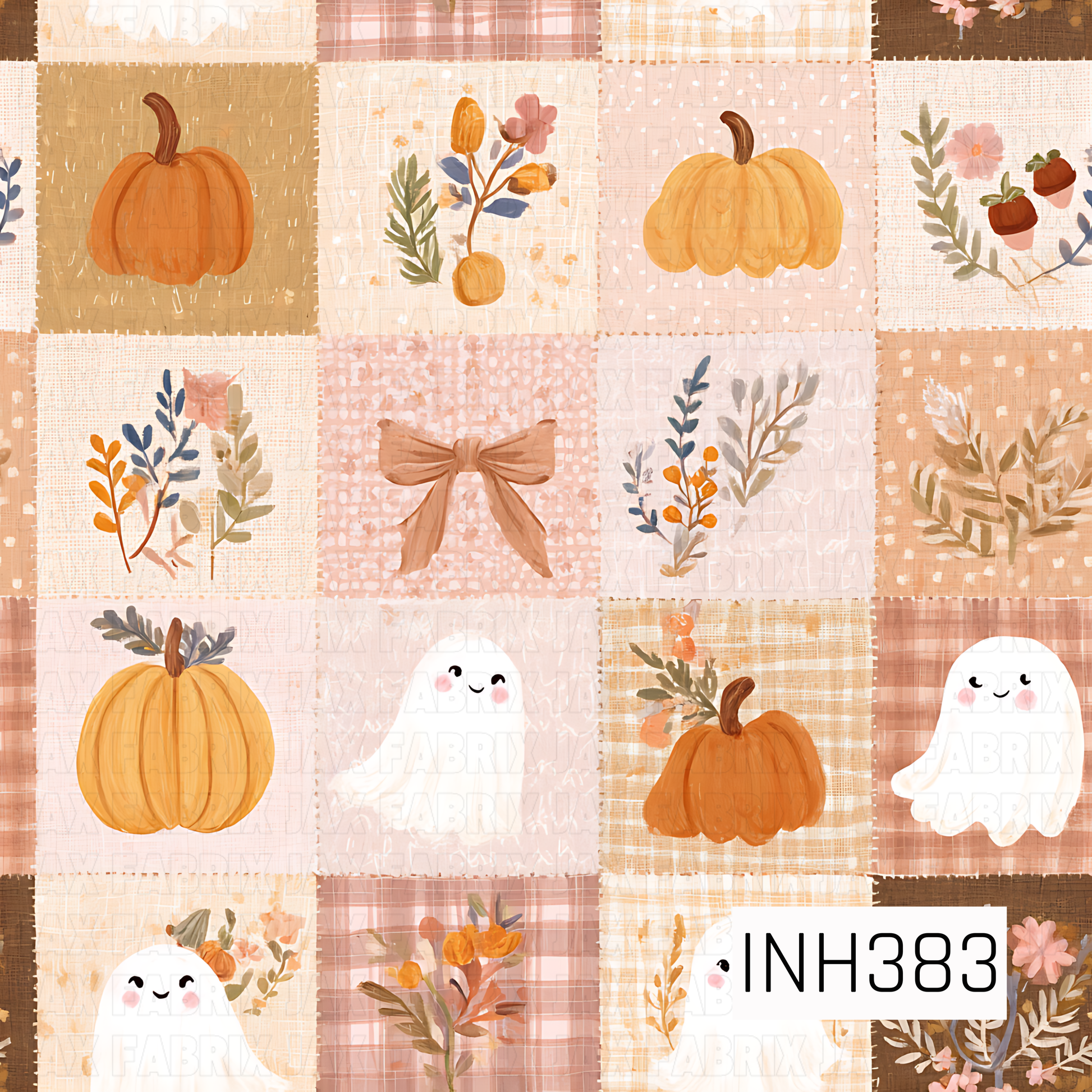 A cozy seamless patchwork pattern featuring watercolor pumpkins, smiling little ghosts, autumn florals, rustic bows, plaid, and textured fabric-inspired squares in warm shades of tan, cream, blush, and soft orange. The charming quilt-style design blends sweet fall and Halloween elements with a vintage cottage feel for a warm, whimsical seasonal look.
