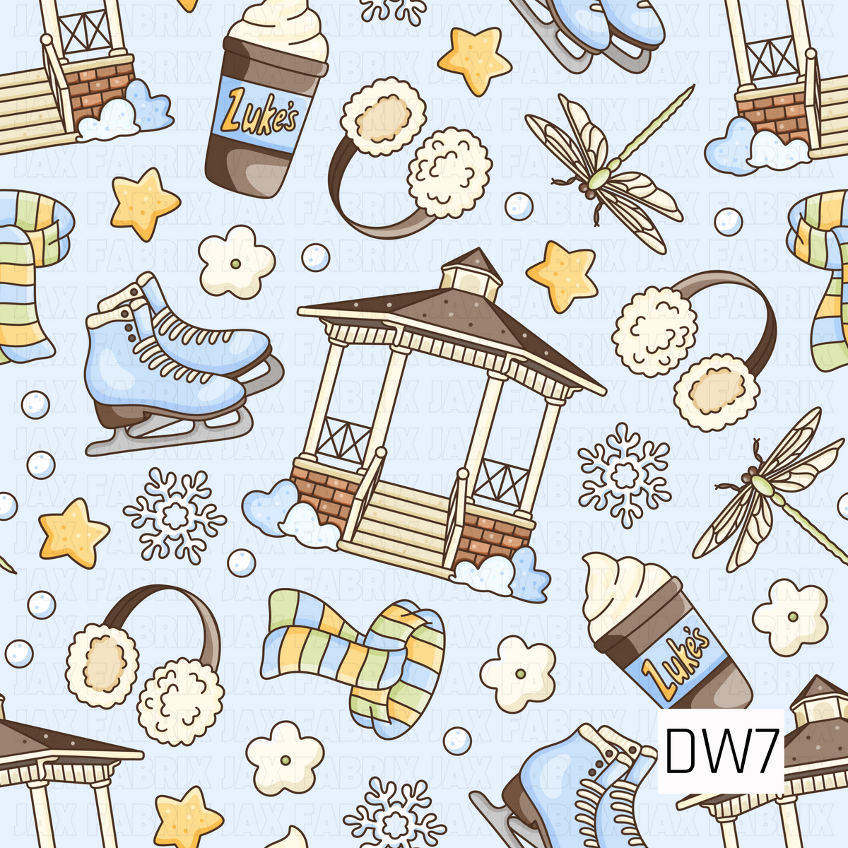 A cozy winter pattern featuring blue ice skates, fluffy earmuffs, colorful striped scarves, takeaway coffee cups, and charming snowy gazebos. Delicate snowflakes, golden stars, and dragonflies are scattered across a soft icy blue background for a whimsical winter look.