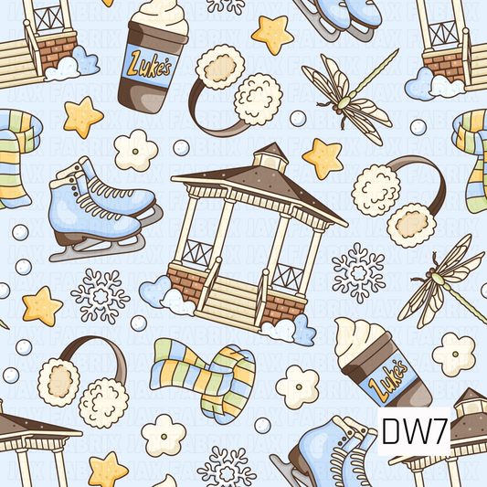 A cozy winter pattern featuring blue ice skates, fluffy earmuffs, colorful striped scarves, takeaway coffee cups, and charming snowy gazebos. Delicate snowflakes, golden stars, and dragonflies are scattered across a soft icy blue background for a whimsical winter look.