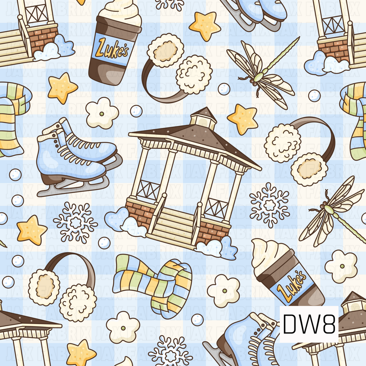 A cozy winter pattern featuring blue ice skates, fluffy earmuffs, colorful striped scarves, coffee cups, and charming snowy gazebos. Delicate snowflakes, golden stars, and dragonflies are scattered across a soft blue and cream gingham background for a whimsical winter look.