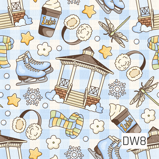 A cozy winter pattern featuring blue ice skates, fluffy earmuffs, colorful striped scarves, coffee cups, and charming snowy gazebos. Delicate snowflakes, golden stars, and dragonflies are scattered across a soft blue and cream gingham background for a whimsical winter look.