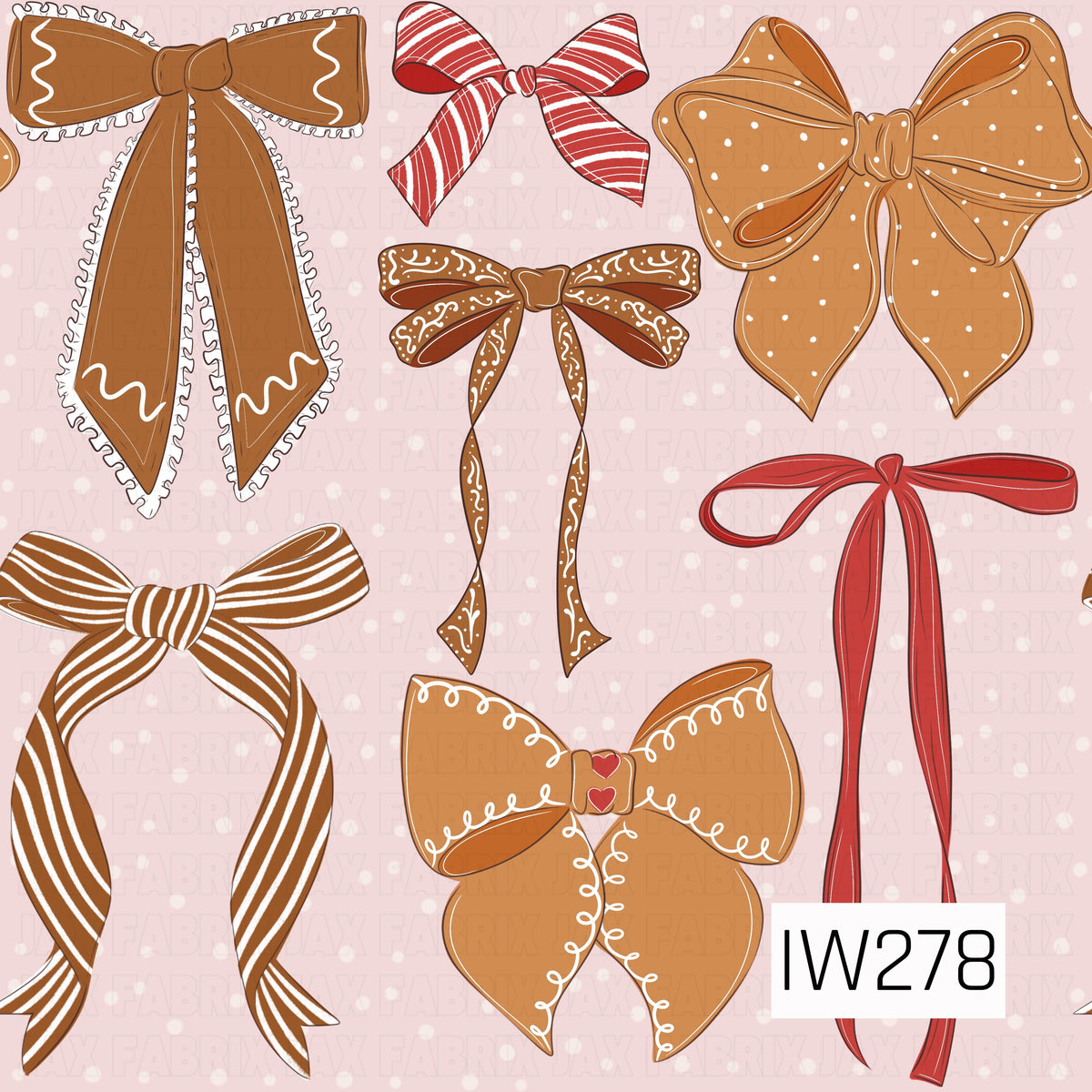 A whimsical holiday pattern featuring an assortment of oversized gingerbread-inspired bows in warm caramel and cinnamon brown, accented with festive red and white details. Each bow features unique designs, including delicate icing swirls, candy cane stripes, tiny hearts, polka dots, and ruffled edges, scattered across a soft blush pink background with subtle white snow-like dots.