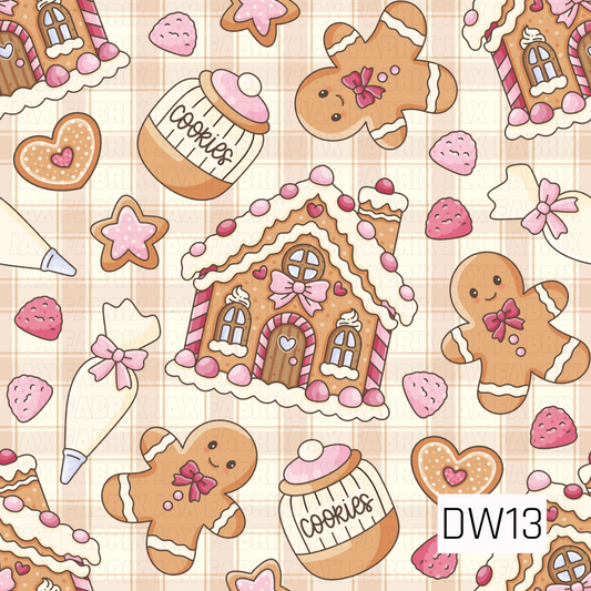 A sweet gingerbread Christmas pattern featuring adorable gingerbread houses decorated with pink candies and frosting, smiling gingerbread cookies with pink bows, cookie jars, heart-shaped cookies, and frosting bags. Pink candies and star cookies are scattered across a warm tan and cream plaid background for a cozy, whimsical holiday look.