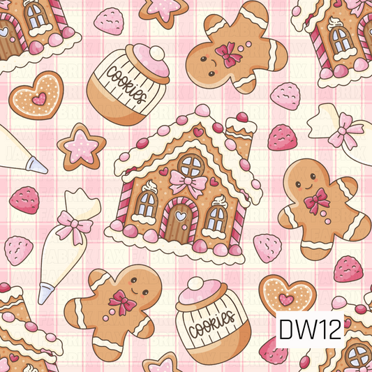 A sweet gingerbread Christmas pattern featuring adorable gingerbread houses with pink candy details, smiling gingerbread cookies with pink bows, cookie jars, heart-shaped cookies, and frosting bags. Pink candies and star cookies are scattered across a soft pink and cream plaid background for a whimsical holiday look.