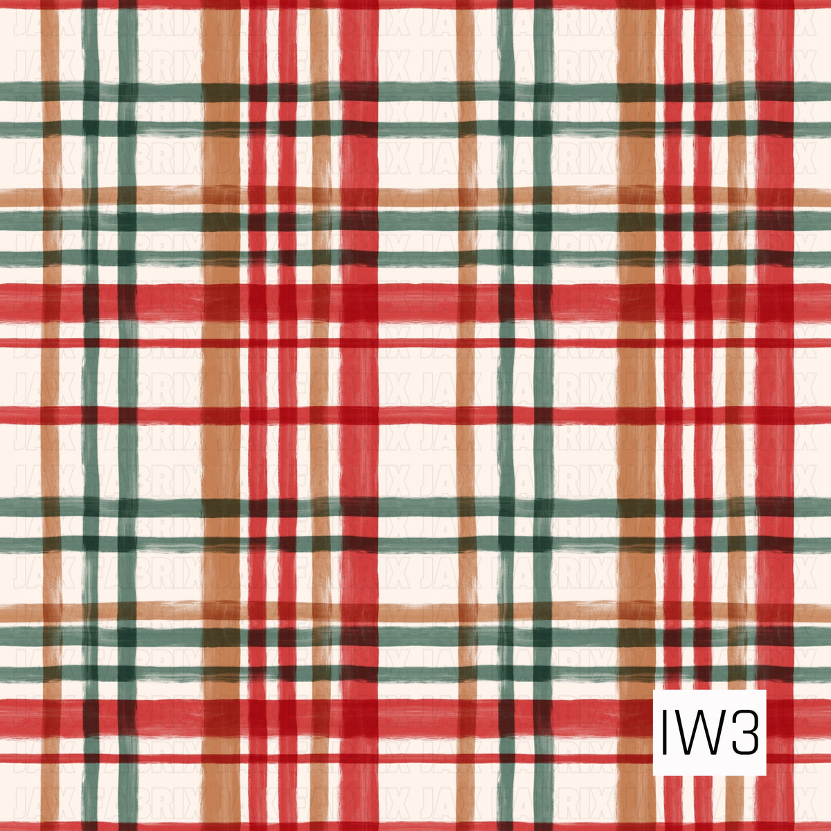 A hand-painted plaid featuring layered stripes in warm red, deep forest green, and caramel brown over a soft cream background. The loose brushstroke texture gives the classic plaid a cozy, rustic feel.
