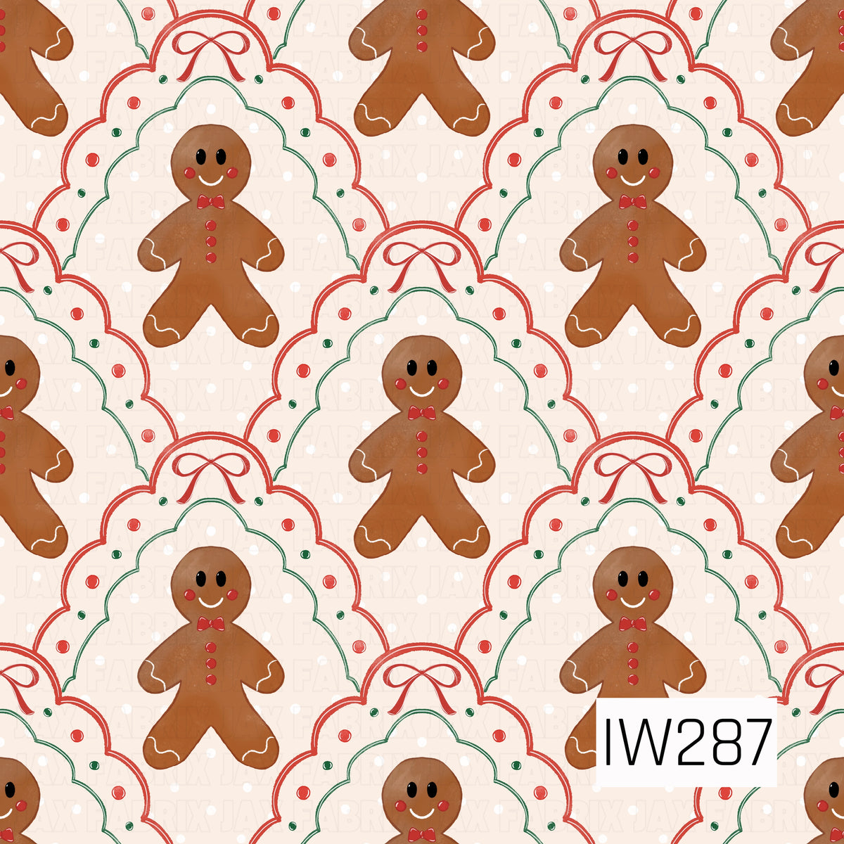 A whimsical Christmas pattern featuring adorable smiling gingerbread men nestled inside oversized scalloped frames outlined in festive red and forest green. Each frame is topped with a delicate red bow and accented with tiny red and green dots, while the gingerbread men feature rosy cheeks, red buttons, and white icing details. A soft cream background sprinkled with tiny white dots completes this sweet, vintage-inspired design.
