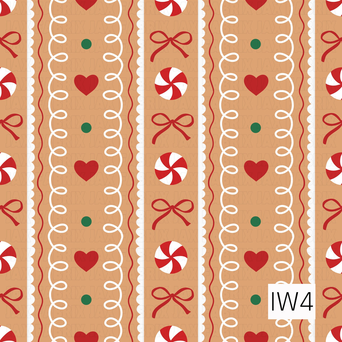 A playful gingerbread-inspired stripe featuring red bows, peppermint candies, hearts, and green dots arranged between looping white icing details and scalloped borders. The warm gingerbread brown background gives it a sweet, festive Christmas feel.
