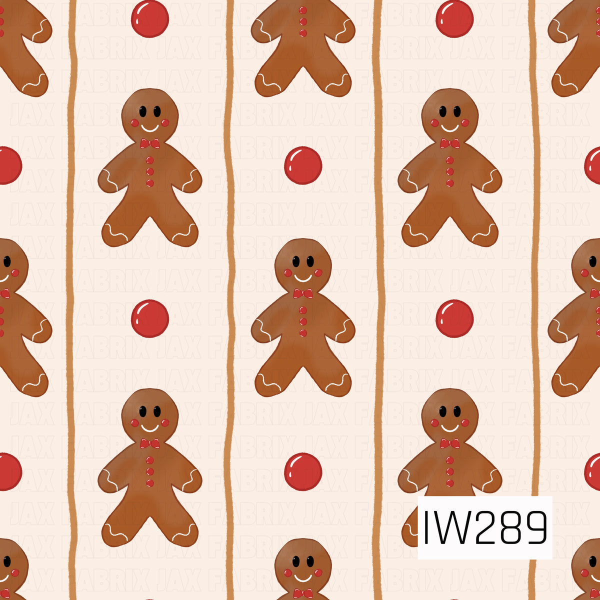 A sweet gingerbread-inspired pattern featuring rows of smiling gingerbread men with rosy cheeks, red bow ties, matching buttons, and delicate white icing details. Thin, slightly textured caramel brown vertical stripes separate the gingerbread men, while bright red polka dots add a playful pop of color against the soft cream background.