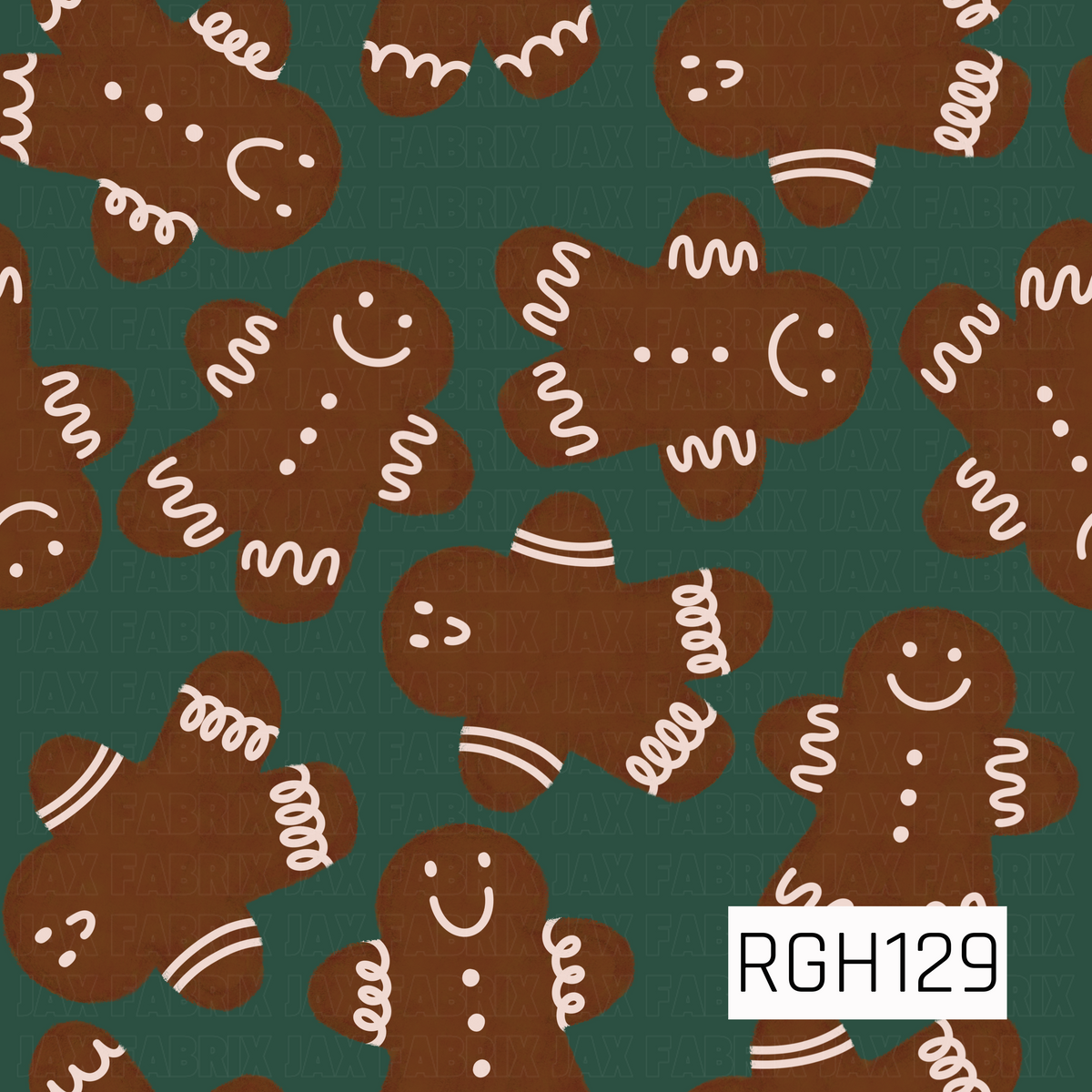 A festive Christmas pattern featuring cheerful gingerbread people decorated with creamy white icing details on a rich forest green background. The warm gingerbread brown and deep green create a classic, cozy holiday look with a playful feel.
