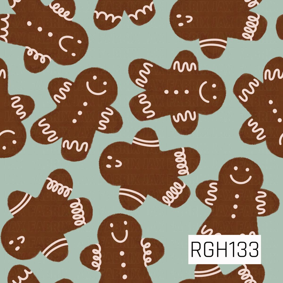 A playful Christmas pattern featuring gingerbread people in a variety of fun poses, decorated with creamy white icing details, buttons, and cheerful expressions. The warm gingerbread brown pops against a soft mint green background for a sweet, whimsical holiday look.

