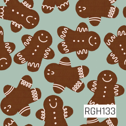 A playful Christmas pattern featuring gingerbread people in a variety of fun poses, decorated with creamy white icing details, buttons, and cheerful expressions. The warm gingerbread brown pops against a soft mint green background for a sweet, whimsical holiday look.
