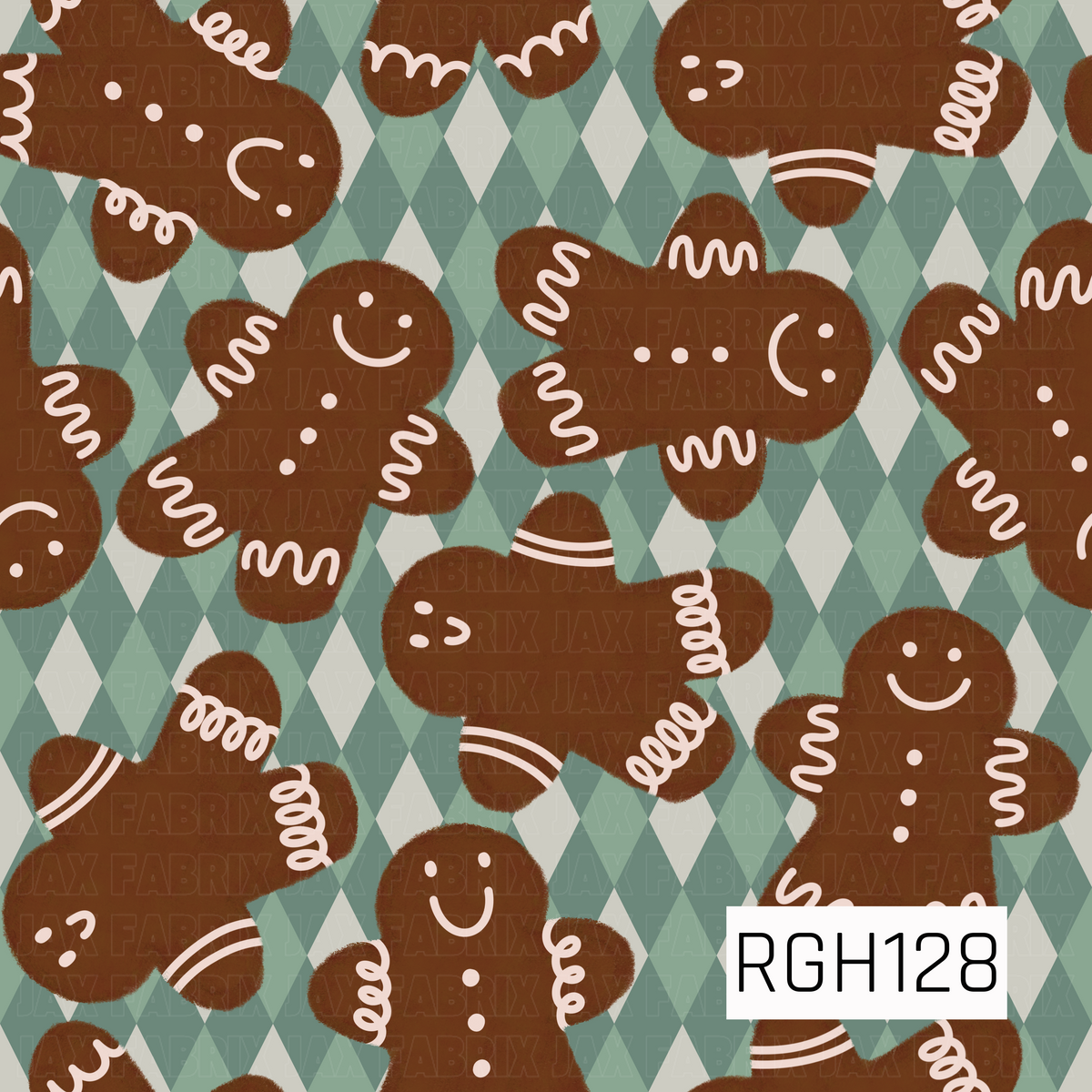 A playful Christmas pattern featuring cheerful gingerbread people decorated with creamy white icing details over a retro argyle background in soft sage green, muted teal, and cream. The warm gingerbread brown paired with the cool greens gives this design a cozy vintage holiday feel.
