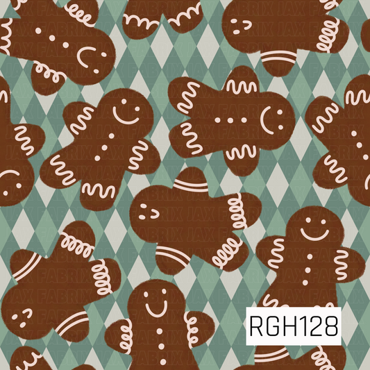 A playful Christmas pattern featuring cheerful gingerbread people decorated with creamy white icing details over a retro argyle background in soft sage green, muted teal, and cream. The warm gingerbread brown paired with the cool greens gives this design a cozy vintage holiday feel.
