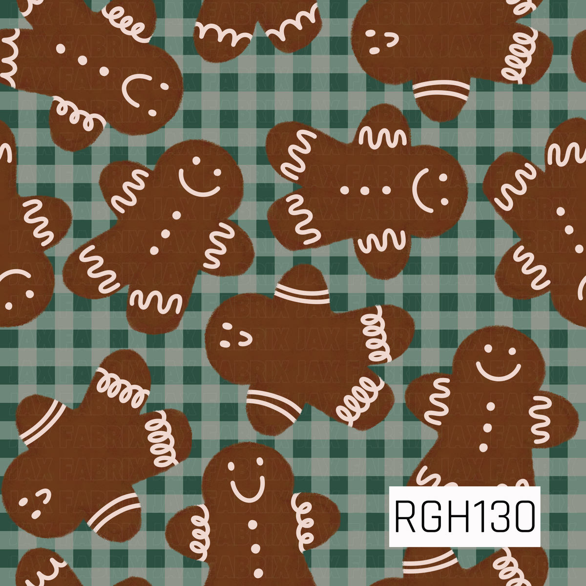 A playful Christmas pattern featuring cheerful gingerbread people decorated with creamy white icing details, scattered over a layered green gingham background. The mix of warm gingerbread brown and soft, muted greens gives it a cozy vintage holiday feel.
