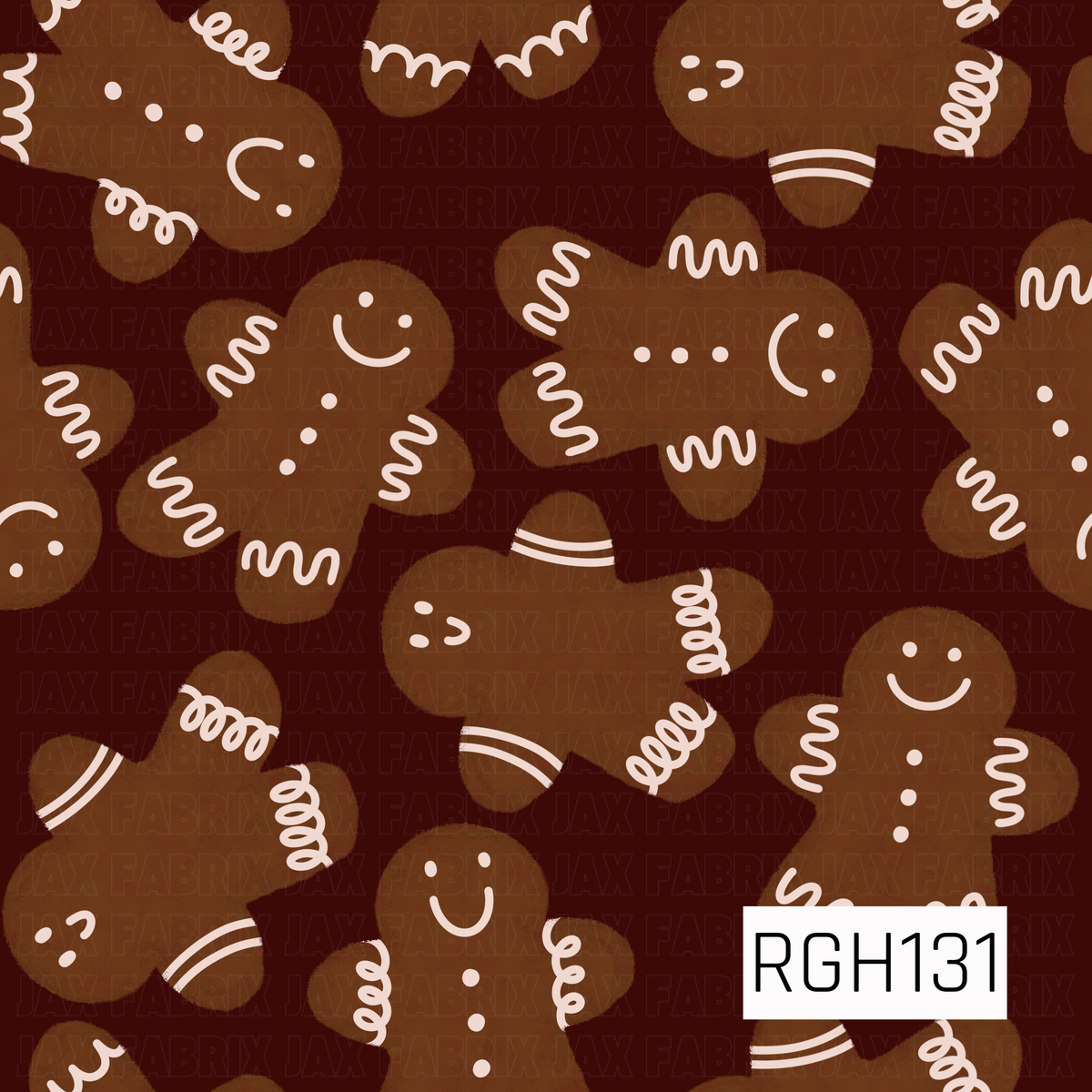 A festive gingerbread pattern featuring playful gingerbread people in different poses, decorated with creamy white icing details and sweet smiling faces. The warm cookie brown pops against a deep burgundy red background for a cozy, classic Christmas look.
