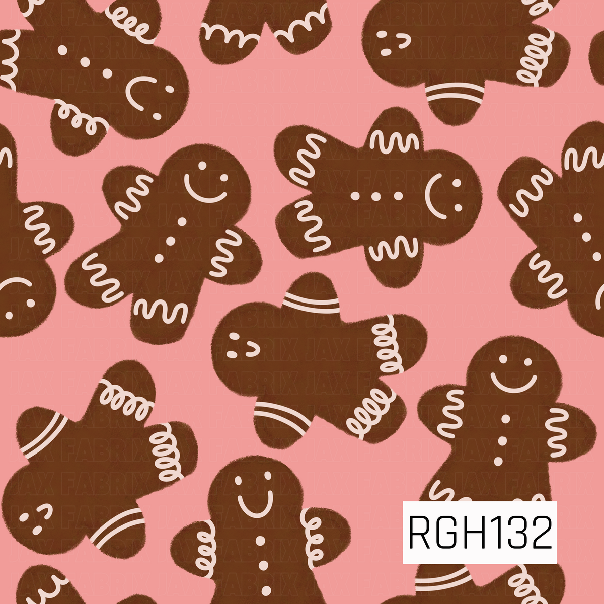 A playful Christmas pattern featuring gingerbread people in a mix of fun poses, decorated with creamy white icing details, buttons, and sweet expressions. The warm gingerbread brown stands out against a soft pink background for a cute, whimsical holiday look.
