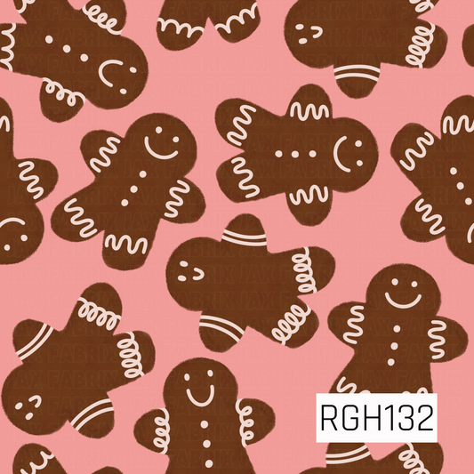 A playful Christmas pattern featuring gingerbread people in a mix of fun poses, decorated with creamy white icing details, buttons, and sweet expressions. The warm gingerbread brown stands out against a soft pink background for a cute, whimsical holiday look.
