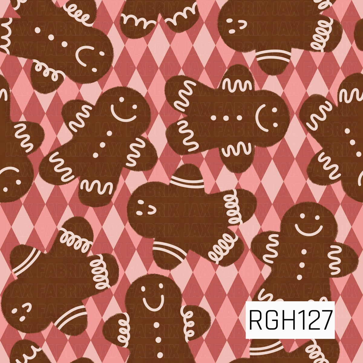 A playful Christmas pattern featuring cheerful gingerbread people decorated with creamy white icing details over a retro pink argyle background. The mix of warm gingerbread brown, soft pink, and muted red gives this design a fun vintage holiday feel.
