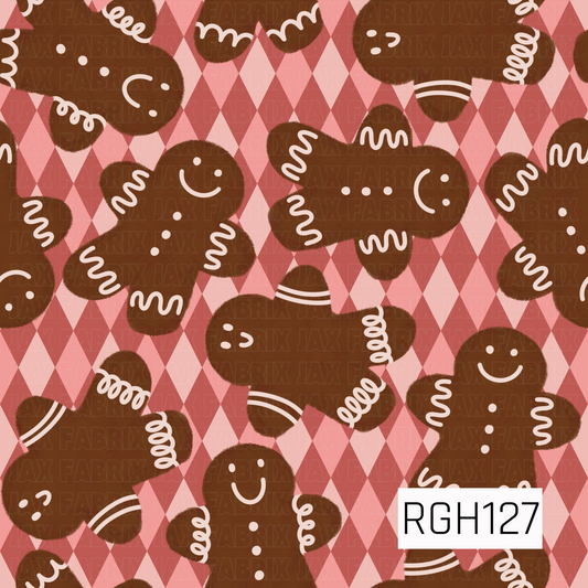 A playful Christmas pattern featuring cheerful gingerbread people decorated with creamy white icing details over a retro pink argyle background. The mix of warm gingerbread brown, soft pink, and muted red gives this design a fun vintage holiday feel.
