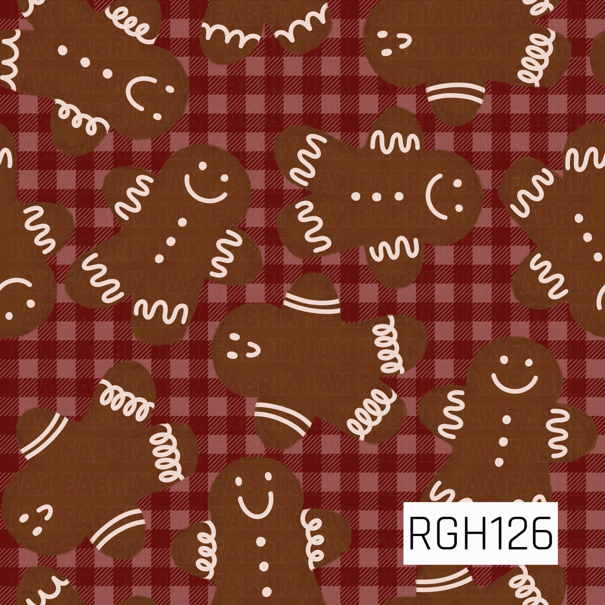 A playful Christmas pattern featuring cheerful gingerbread people decorated with creamy white icing details, scattered across a deep red gingham background. The warm gingerbread brown and classic holiday red give this design a cozy, nostalgic feel.
