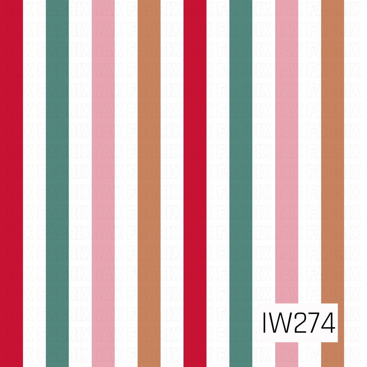 A playful vertical stripe pattern featuring bold raspberry red, muted teal green, soft blush pink, and warm gingerbread brown stripes against a crisp white background. The evenly spaced, alternating colors create a clean, cheerful design with a sweet retro holiday feel.