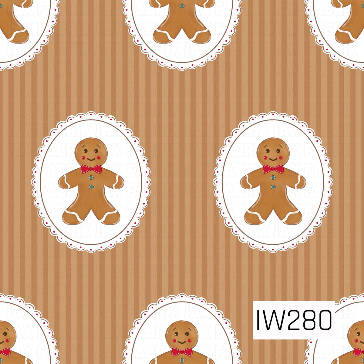 A sweet vintage-inspired Christmas pattern featuring smiling gingerbread men nestled inside delicate white oval cameo frames with scalloped edges and tiny red dot accents. Each gingerbread man has rosy cheeks, a bright red bow tie, teal buttons, and white icing details, all arranged against a warm caramel brown background with subtle vertical tonal stripes.