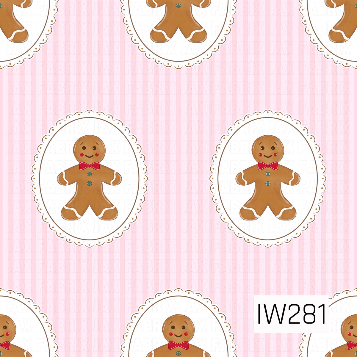 A sweet vintage-inspired Christmas pattern featuring adorable smiling gingerbread men framed inside delicate white oval cameos with scalloped edges and tiny golden brown dots. Each gingerbread man has rosy cheeks, a bright red bow tie, teal buttons, and white icing accents, all set against a soft blush pink background with subtle vertical tonal stripes.
